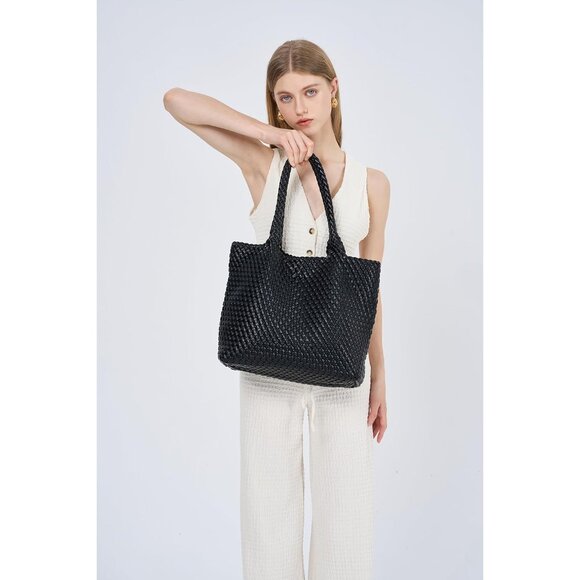 Chic Vegan Leather Woven Tote Bag with Matching Clutch - Large Stylish Accessory - Picture 2 of 6